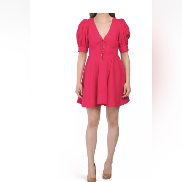 House of Harlow 1960 Mini Dress Size 0 Linen Blend Puff Sleeve Color Fuchsia - Picture 1 of 5